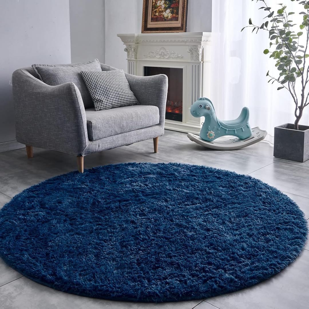 FJZFING Navy Blue Round Rug Ultra-Soft Plush Modern 5x5 Circle Area Rug for Kid's Bedroom, Fluffy Shag Circular Rug for Nursery Room, Non-Slip Home Decor Cute Navy Blue Carpet for Teen's Room
