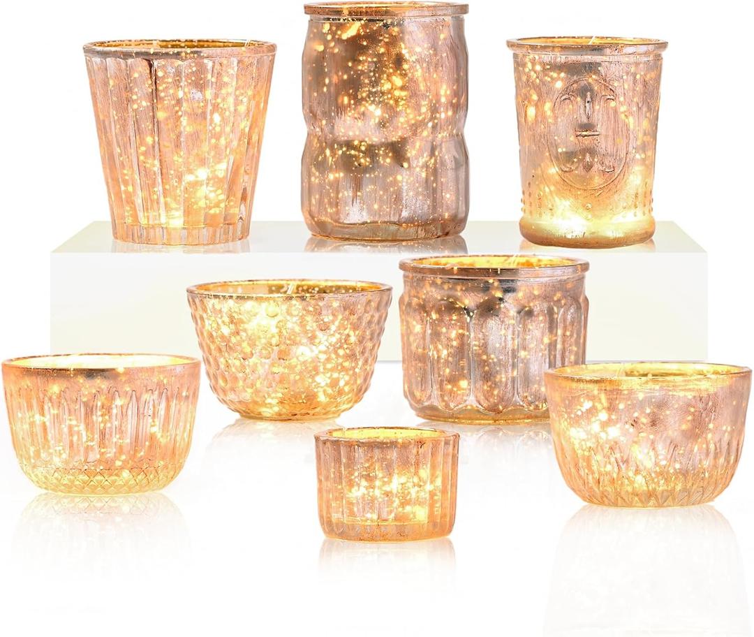 DN DECONATION 8PCS Gold Mercury Glass Candle Holder, Assorted Mercury Glass Votive Candle Holders, Vintage Tea Light Candle Holder for Wedding, Parties, Centerpieces, Decorations (Set of 8)