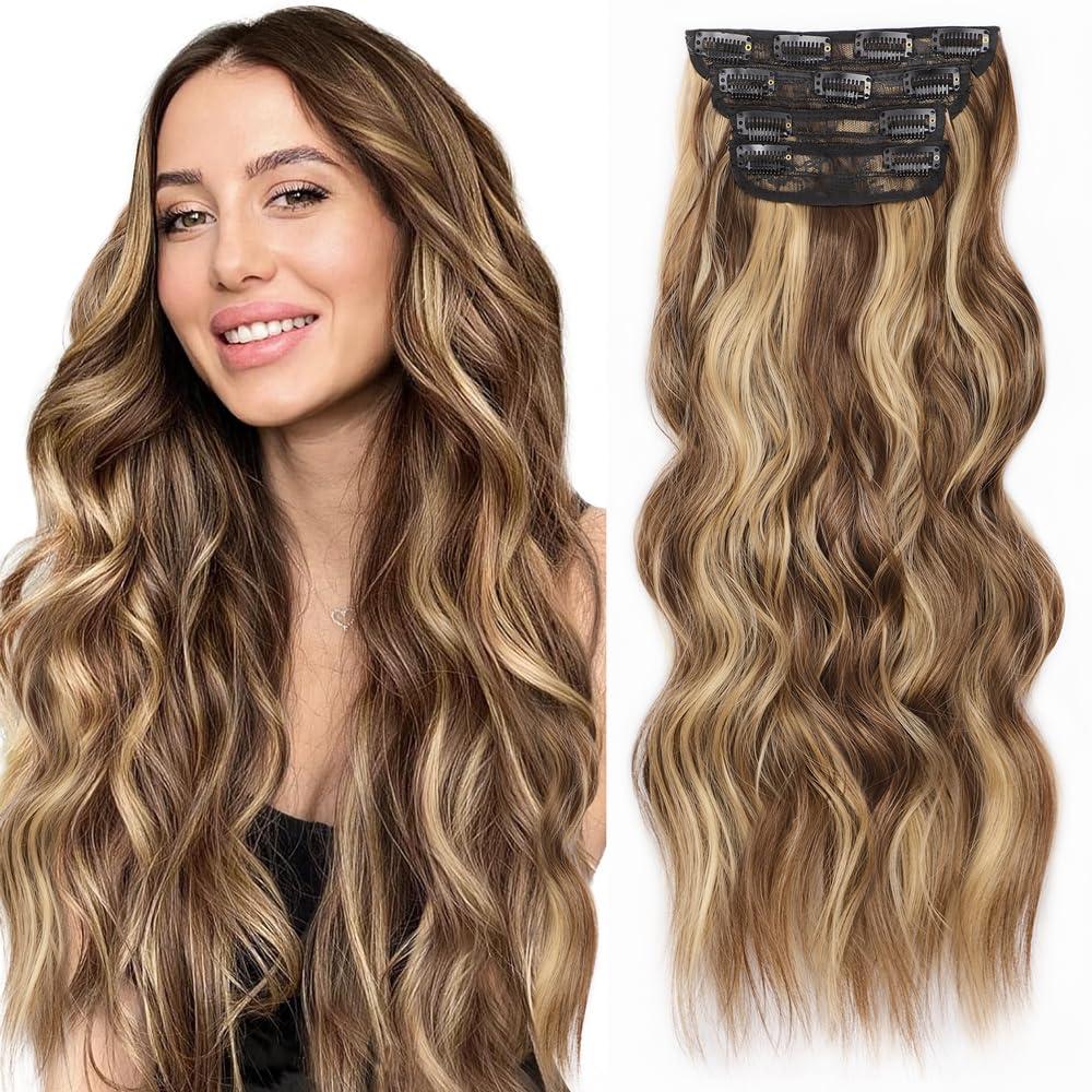 ALXNAN Clip in Long Wavy Hair Extension 24 Inch Chocolate Brown to Honey Blonde Hair Extensions 4PCS Thick Hairpieces Fiber Double Weft Hair for Women
