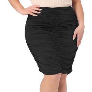 Agnes Orinda Women's Plus Size Skirts Elastic High Waist Ruched Bodycon Stretch Elegant Pencil Midi Skirt M