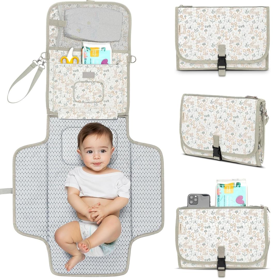 KeaBabies Portable Diaper Changing Pad, Travel, Car - Large Waterproof Baby Changing Mat, Wipeable, Padded, On The Go Travel Diaper Clutch Bag, Easy to Use Pockets for Newborn Essentials (Prairie)
