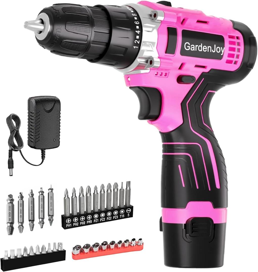 GardenJoy Cordless Power Drill Set: 12V Electric Drill with Battery and Charger, 65pcs Acessories, 3/8"Keyless Chuck, 2 Variable Speed, 24+1 Position, Compact Drill Driver Kit for Home & DIY Project