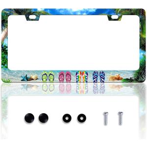 Sea Beach Slippers License Plate Frame Hawaiian Palm Tree License Plate Frames Personalise Stainless Steel Funny Design Compatible with Standard License Plate Holder for USA and Canada 6 X 12 Inch
