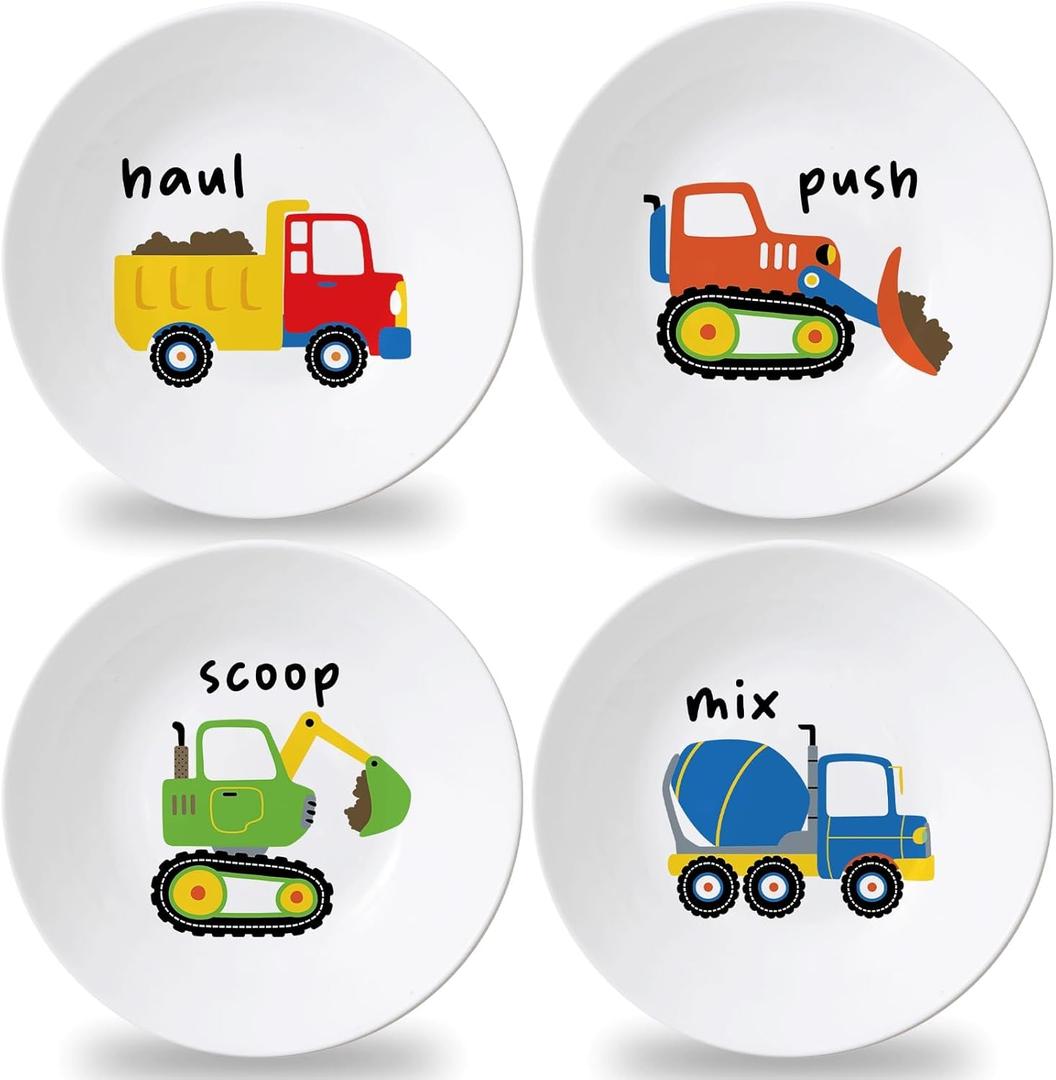 4 Set 10 Inch Construction Truck Plates Melamine Construction Truck Dinnerware Set Reusable Baby Shower Vehicle Melamine Plate Dishwasher Safe for Toddlers Creatively Drop Resistant Cute Plastic Dish
