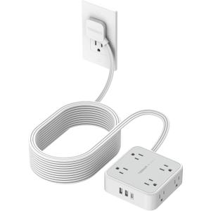 Flat Plug Long Extension Cord 25 Ft, TESSAN Power Strip Surge Protector with 8 Outlets 3 USB Ports (1 USB C), 900J Protection Desktop Charging Station for Home, Office, Dorm Room Essentials (Grey)