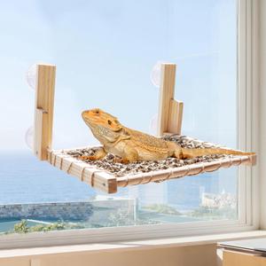 Bearded Dragon Hammock, Lizard Window Perch, Wooden Reptile Bed with Seagrass Mat, Reptile Tank Accessories, Suitable for Lizard Bearded Dragon Chameleon Kitten Guinea Pig Rat 12  11 Inch