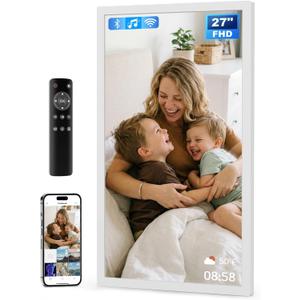 27" Large Digital Picture Frame, 64GB, Anti-Glare Non-Touch, WiFi Wall-Mount Frame for Home/Business, 1920x1080 FHD, Share via App, Email, USB & Micro SD, Remote Included, White
