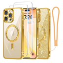 Meifigno Case Designed for iPhone 16 Pro 6.3 Inch, [Compatible with MagSafe] [2X Screen Protectors] [Glitter Card & Wrist Strap] Surround Lens Protection Designed for iPhone 16 Pro Case, Gold