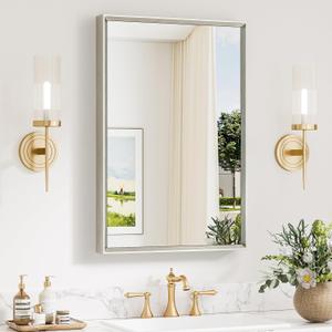 Keonjinn 20 x 30 Inch Brushed Nickel Bathroom Mirrors for Over Sink, Beveled Rectangle Framed Mirrors for Wall, Farmhouse Bathroom Vanity Mirror, Tempered Glass, Square Corner