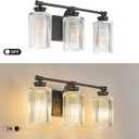 Matte Black Bathroom Vanity Light Fixtures, 3-Light Vanity Lights Modern Wall Sconce with Ribbed Clear Glass Shade, 18 Inch Bathroom Wall Lamp for Mirror,Living Room, Hallway, Cabinet, Porch