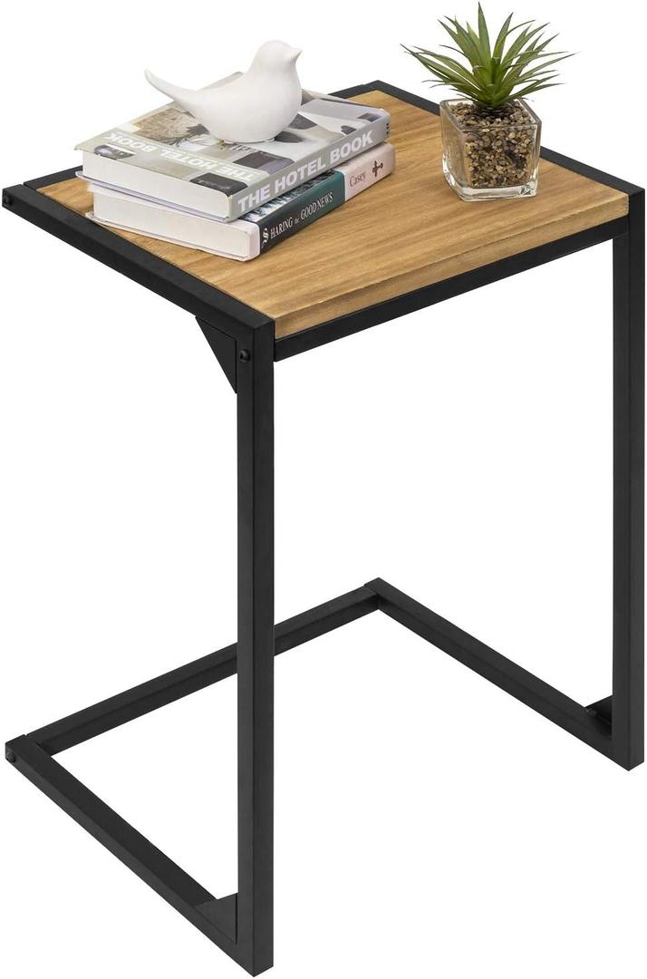 MyGift 24 Inch Tall Rustic Burnt Natural Wood C Shaped End Table with Industrial Matte Black Metal Frame, Slide Under Couch TV Tray for Food Coffee Laptop