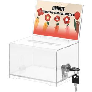 KYODOLED Clear Donation Box for Fundraising with Lock & Sign Holder, Multi-Use Voting and Raffle Box, Tip Jar, Secure Storage, Durable Plastic, 6.2'' x 4.6'' x 4.0'' (Clear-PS-1P)
