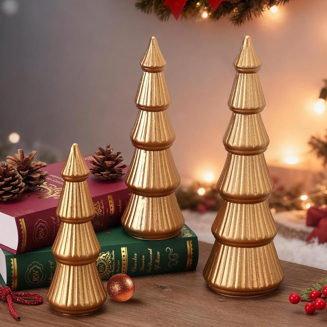Wooden Christmas Tree Figurine, 3 Pcs Tabletop Xmas Tree, Christmas Centerpiece Decor for Home Entryway Mantel Shelf Table Fireplace Holiday (Glod-Wood)