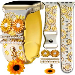 Sunflower Heart Pink Band With Charms Compatible Apple Watch Engraved Women 41mm 40mm 38mm 44mm 45mm 46mm 42mm 49mm,Valentine Floral Dressy Bling Silicone Strap for iphone Watch Series 11 10 9 8 7 6 5 4 Ultra SE 3 2 1