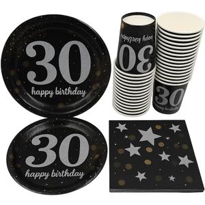 Oojami 120-Piece 30th Birthday Party Pack Serves 30 Includes 9" Dinner Plates, 7" Dessert Plates 12oz Cups & 3-Ply Napkins Complete Disposable Tableware Set for 30th Birthday Celebrations