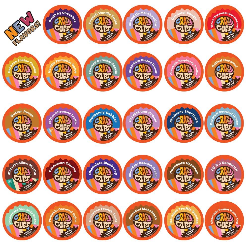 Crazy Cups Flavored Coffee Pods Variety Pack, Medium Roast, Single Serve in Recyclable for Keurig K cups Machines, 50 Count