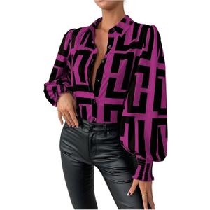 SweatyRocks Women's Graphic Print Long Lantern Sleeve Collar Neck Button Front Blouse Shirt Top (Medium, Hot Pink)
