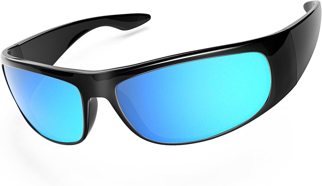 WISTON Wrap Around Sunglasses for Men Women Super Dark Blackout Sunglasses for Sensitive Eyes UV400 Protection W8005 (Glossy Frame/Blue Lens- Non Polarized)