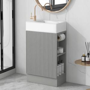 Favfurish 18.6" Bathroom Vanity with Ceramic Sink,Undermount Single Basin Bath Vanity Set w/2-Tier Open Shelf & Toilet Paper Holder,Left/Right Orientation,Freestanding Storage Cabinet,Grey