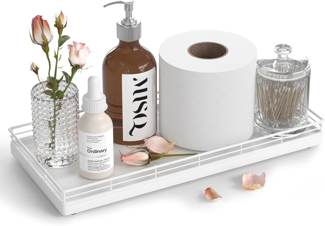 Oak Bathroom Toilet Tank Tray, 13" Wood Toilet Paper Storage Basket Tray Back of Toilet Basket Organizer,for Perfume Makeup Candle Kitchen Counter Coffee Table Decor White (13" x 6.5" x 1.5")