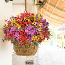 Artificial Faux Plants Flowers Outdoor Decoration,16 Bundles Fake Silk Colorful Daisy Eucalyptus Realistic UV Resistant for Outside Home Planter Porch Patio Yard Decor (Mix Purple Pink Yellow Red)