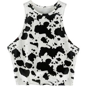 Women's Cow Print Tank Top Sleeveless Crewneck Fitted Crop Tops Summer Cowgirl Vest (XL)