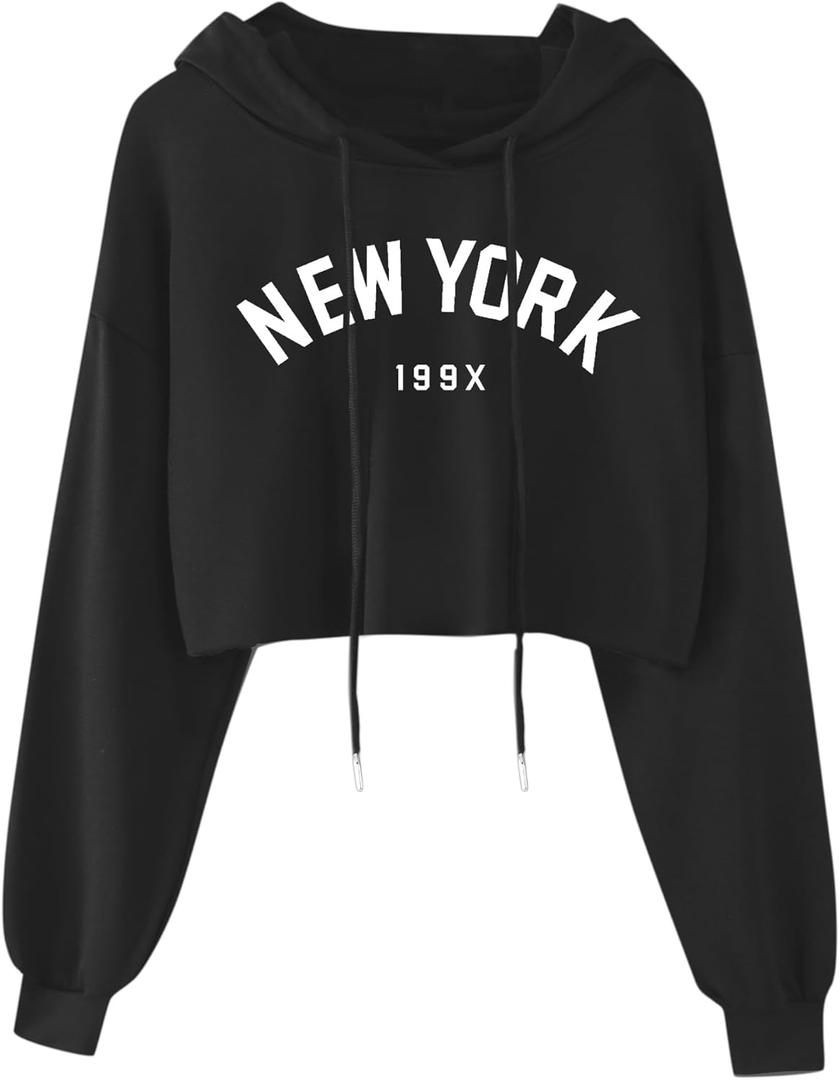 Hilinker Women's Graphic Cropped Hoodies Pullover Casual Cute Long Sleeve Workout Tops Black X-Large 