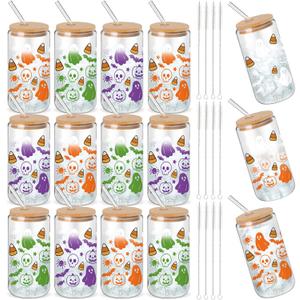 12 Packs Halloween Glass Cups Gifts Boo Baskets Stuffers 16oz Color Changing Cups with Lid Straw Pumpkin Ghost Skull Iced Coffee Drinking Glass Tumbler Halloween Gifts for Women Party Decor