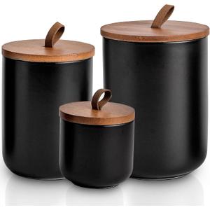 Black Ceramic Canister Set with Bamboo Lids, 3-Piece Airtight Food Storage Jars for Kitchen - Flour, Sugar, Coffee, Tea, Spice - Small, Medium, Large Sizes
