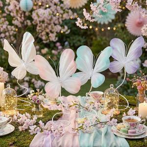 Roowest 4pcs Butterfly Party Decorations Table Centerpiece Gradient Silk Flying Large Butterfly Centerpiece 3D Pink Purple Green White Butterflies Tabletop for Baby Shower Wedding Birthday Party Decor