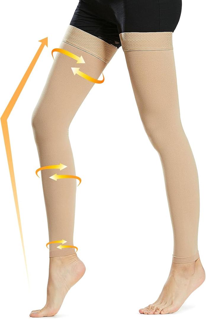 Beister 15-20 mmHg Compression Stockings for Women & Men, Thigh High Medical Footless Graduated Compression Sleeves with Dot Silicone Band, Support Pressure Socks for Varicose Veins, Edema, DVT (Beige)