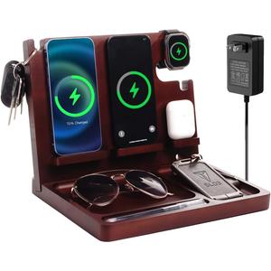 Wood Phone Docking Station,27W Fast Charging 2 Phone Wireless Charging Station for iPhone/Samsung/Apple Watch/AirPod,Nightstand Organizer for Men/Women,Gifts for Dad,Anniversary,Birthday (Brown)