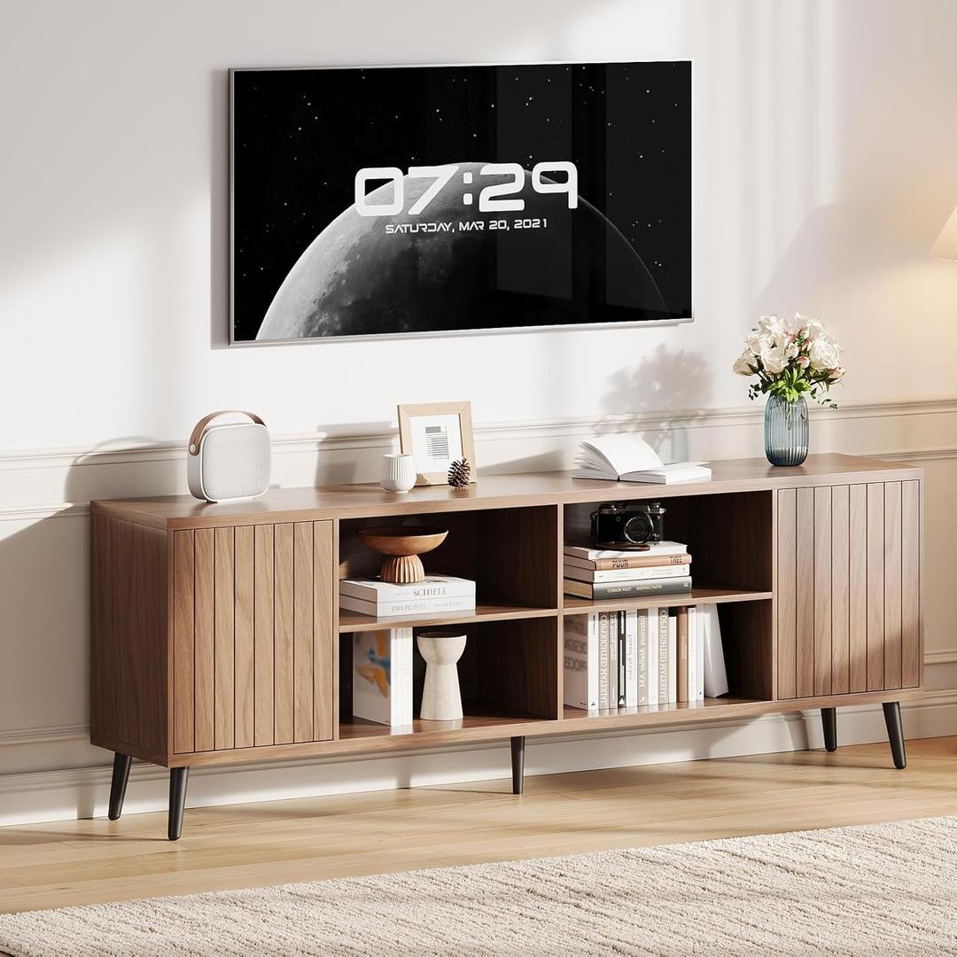 70" Fluted TV Stand for Living Room , Mid Century Modern Television Stand with Open Storage Shelves for Up to 75 Inch TVs, Entertainment Center Media Console TV Cabinet with Adjustable Shelves