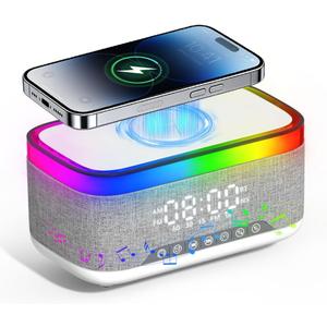 Bluetooth Speaker with Wireless Charging, Alarm Clock Radio for Bedrooms 6 in 1 Dimmable Digital Clock with FM Radio White Noise Charging Station RGB LED Night Light for iPhone Samsung