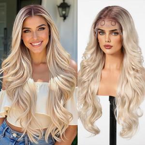testar 136 Lace Front Wig Long Blonde Wavy Wigs for White Women Middle Part Body Wave Synthetic Heat Resistant Fiber Wig for Daily Use 26 IN (Blonde With Brown Roots)