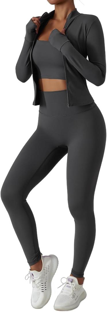 Womens 3 Piece Workout Set Sports Bra, Leggings & Jacket with Thumbholes Yoga Outfit Activewear for Gym Running Training (Gray, S)