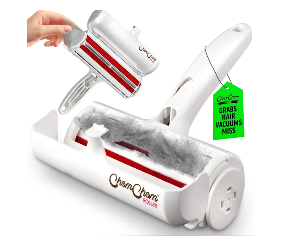 ChomChom Roller Pet Hair Remover – Original Size Reusable Lint Roller for Cat & Dog Hair on Furniture, Couch, Carpet, Car, Rugs & Bedding – Portable, Eco-Friendly (White)