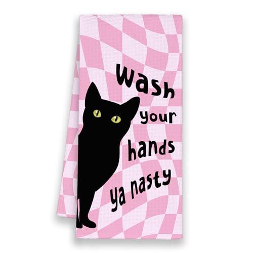 Xmsaitar Funny Pink Black Cat Bathroom Kitchen Towels Gifts for Cat Lovers, Wash Your Hands Hand Towels for Bathroom, Cute Trendy Preppy Decorative Dish Towel Decor for Kitchen Dorm 16x24in