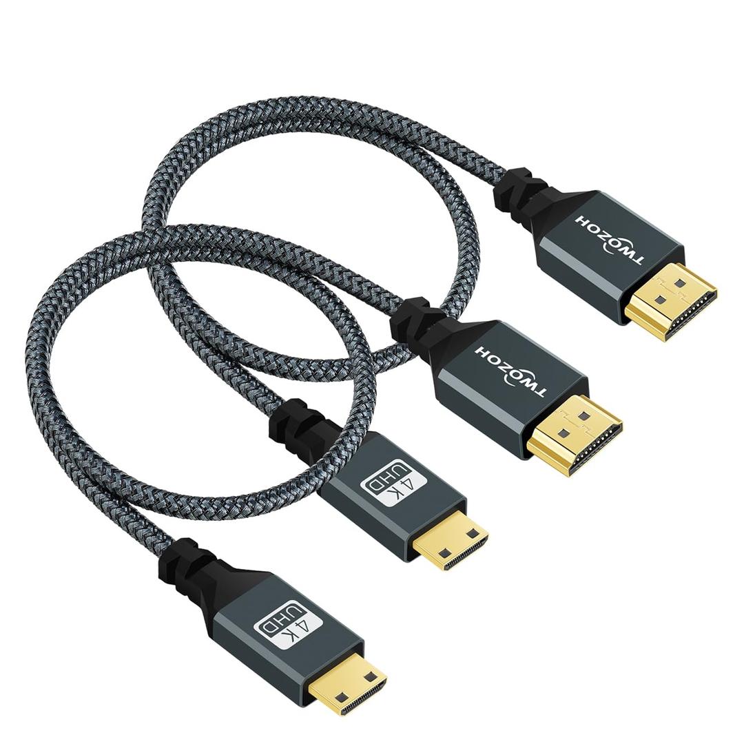 Twozoh Mini HDMI to HDMI Cable 6.6FT 2 Pack, Nylon Braided HDMI to Mini HDMI Support 3D/4K@60Hz 18Gbps/2160P/1080P for Nikon/Canon DSLR, Camcorder, Laptop, Tablet and Graphics/Video Card