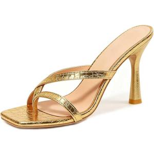 Women's Strappy Thong Heeled Sandals Square Open Toe Slip On Stiletto Heels Flip Flops Fashionable Sexy Backless Kitten Heel Slippers Shoes (Gold)