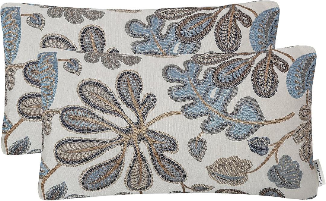Set of 2 Jacquard Tropical Leaf Pattern Oblong Throw Pillow Covers Accent Pillowcase 12X20 Inches,Blue Cream (19.7" x 11.8" (Pack of 2))