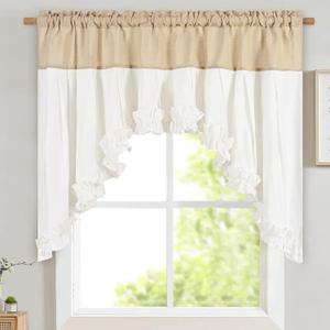 Likiyol Linen Swag Curtains Farmhouse Ruffle Valances for Windows Rustic Country Window Valances Light Filtering Kitchen Curtains Rod Pocket Valance for Bathroom Cafe, Linen White, 60" W x 36" L