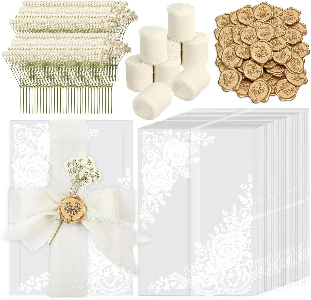 Dadoudou 50 Set Wedding Invitation Kit, Pre-Folded Vellum Jackets for 5x7 Invitations, Complete DIY Set with Chiffon Ribbons, Dried Flowers & Gold Wax Seal Stickers Corner Floral