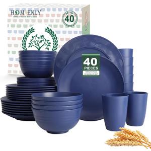 Homienly 40 PCS Wheat Straw Dinnerware Set, Reusable Plates and Bowls Sets, Cups, Lightweight and Unbreakable Dishes Set for 8, Microwave & Dishwasher Safe Dinnerware Sets for Kitchen - Dark Blue