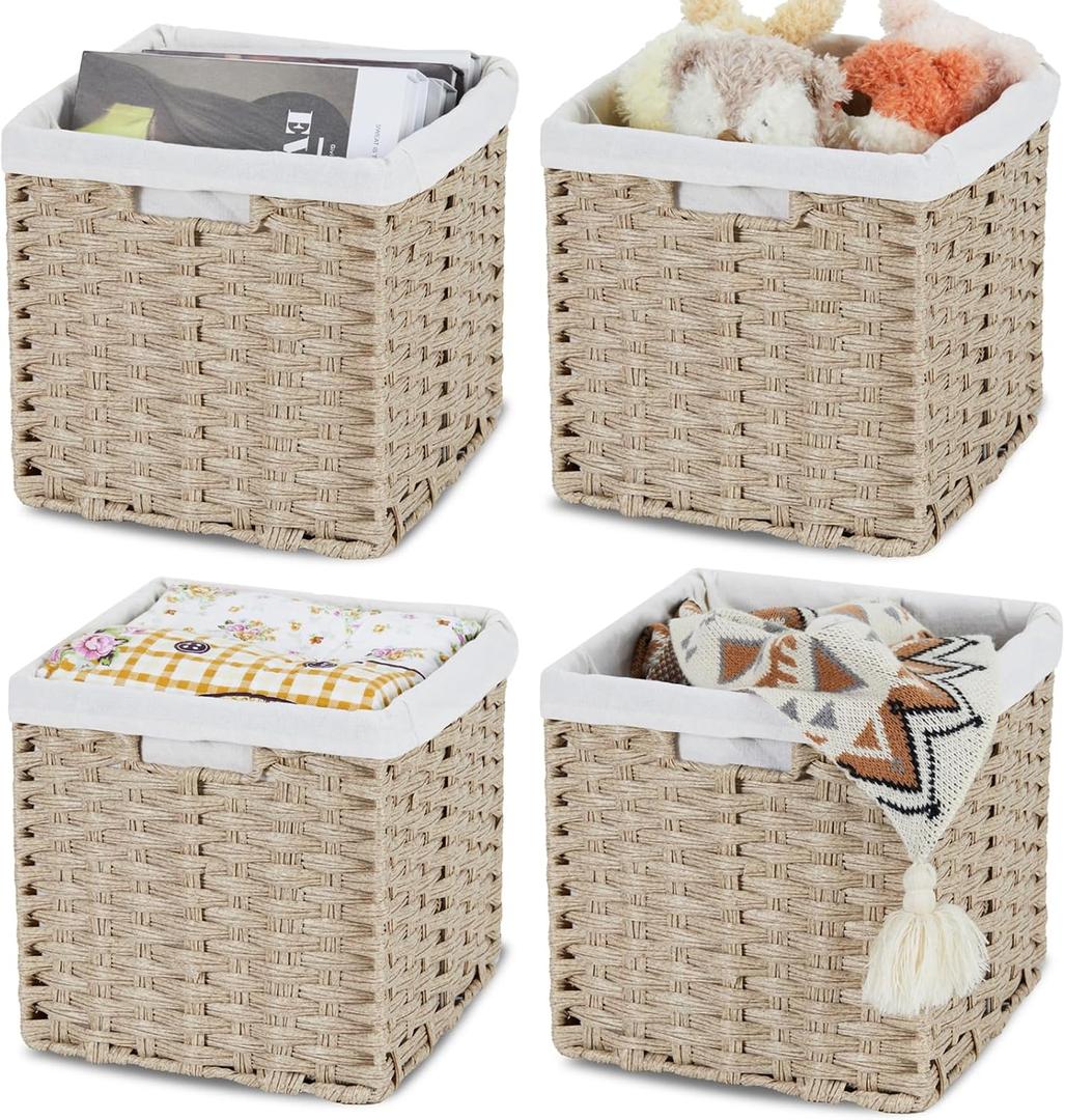 Bidtakay Wicker Storage Baskets for Organizing 4-Pack Hand-Woven Imitation Wicker Cube Storage Bins with Liners for Shelves Closet Cabinet 11x11 Waterproof Cube Organizer for Pantry-Greyish Beige