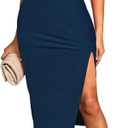 Pink Queen Women's 2 Piece Crew Neck Sleeveless Ribbed Tank Top Bodycon Slit Midi Skirt Outfit Dress Set (Medium, Dark Blue)