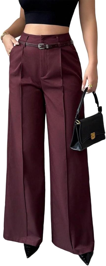 LETSVDO Women's Straight Leg Dress Pants High Waisted Belted Pleated Wide Leg Slacks Trousers(for Work,Business,Office) (Purple, XXXL)