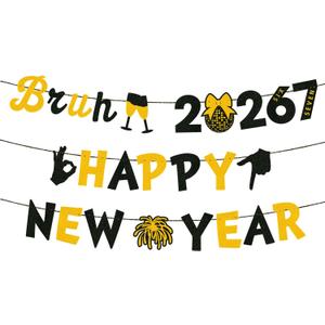 Pre-Strung Glitter Black Gold New Year Party Banner Decor, Bruh 20267 Happy New Year, Fun Six Seven 6 7 Meme Design NYE Party Garland, Happy New Year's Eve Party Mantle Fireplace Hanging Sign Supplies