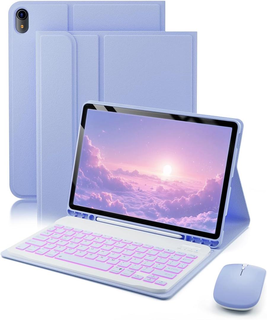 TUNKARMOR for iPad A16 11th / 10th Generation Case with Backlit Keyboard - 7 Color Change for iPad 10th Gen 2022 & 11th Gen 2025 A16 10.9/11 inch Cover - Built-in Pencil Holder with Mouse - Purple