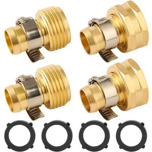 Brass Garden Hose Repair Connector with Clamps Hose End Repair Kit,Fit for 5/8"Garden Hose Fitting,Male and Female Hose Fittings,2-Set